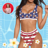 Custom Face Sport Bikini Women's Photo High Waisted Swimsuit - American Flag